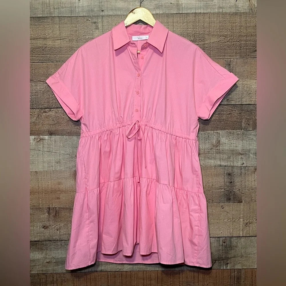 🌻 Talulah Bubble Gum Pink Tiered Shirt Dress size Small baby doll flowy